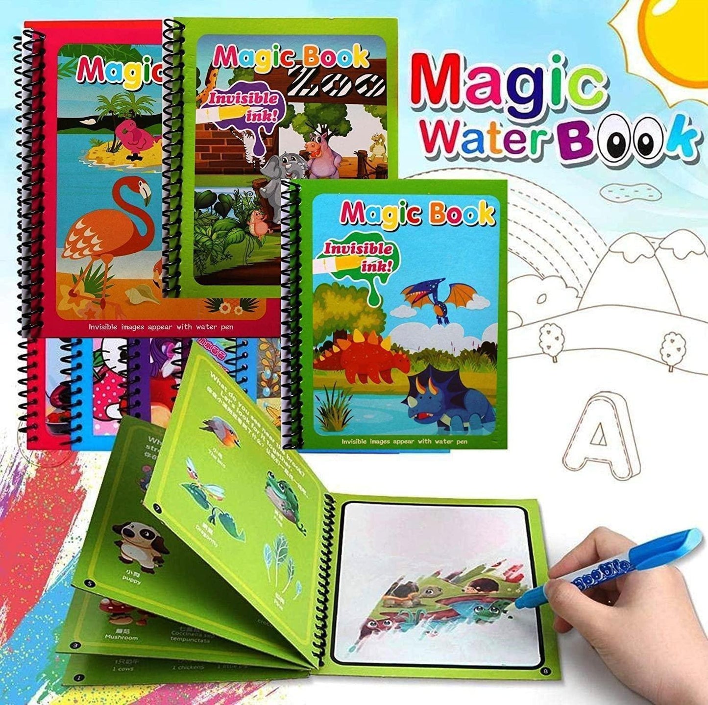 Reusable Magic Water Quick Dry Book Water Coloring Book Doodle with Magic Pen Painting Board for Children Education Drawing Pad (Multi Color, 4 Books) - Cheap bazar